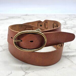 Talbots Leather Belt Women M Brown Cognac Oval Brass Buckle Riveted Side Loops